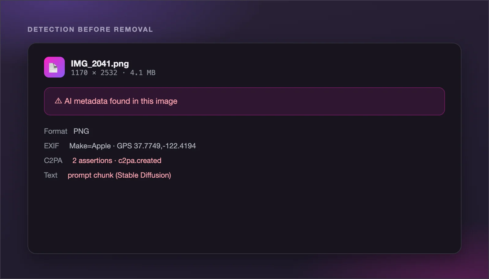 Removes C2PA Content Credentials